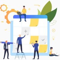 dev plan Business people planning and working with task board. Staff, scheduling, teamwork concept. Vector illustration can be used for topics like business, management, planning