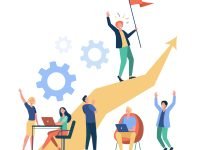 Business leader standing on arrow and holding flag Business leader standing on arrow and holding flag flat vector illustration. Cartoon people training and doing business plan. Leadership, victory and challenge concept